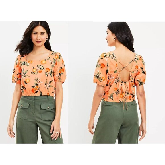 LOFT Harvest Crop Top Size Small Petite Oranges Fruit Print Criss Cross Back - Picture 2 of 9